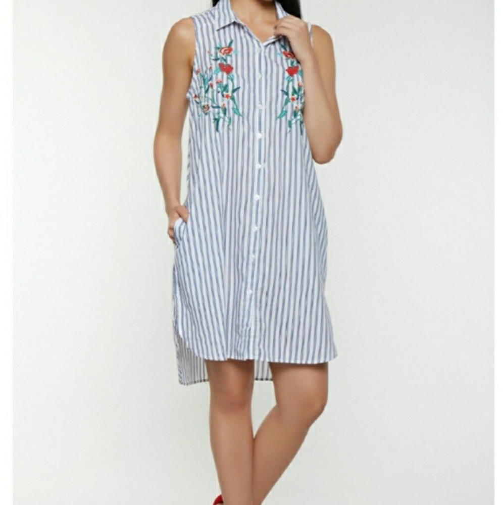 Terre Bleue Stripe Floral Collared Shirt Dress S